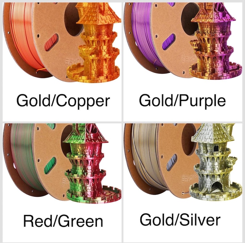 Puede incluir: Cuatro bobinas de filamento para impresora 3D en varios colores, cada una emparejada con un modelo de castillo en miniatura. Los colores incluyen oro/cobre, oro/p&uacute;rpura, rojo/verde y oro/plata. El texto etiqueta cada combinaci&oacute;n de colores.