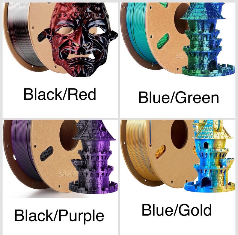 Puede incluir: Cuatro bobinas de filamento de impresi&oacute;n 3D en negro/rojo, azul/verde, negro/morado y azul/dorado. Cada bobina se combina con un objeto impreso en 3D, como una m&aacute;scara y una estructura similar a un castillo. Se muestra el texto "Black/Red", "Blue/Green", "Black/Purple" y "Blue/Gold".