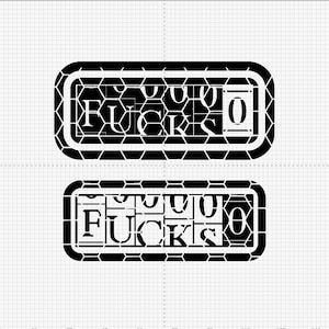May include: Two black rectangular designs with the text "FUCKS 0" in a bold, sans-serif font. The text is inside a white rectangle with a black honeycomb pattern border. The designs are on a white grid background.