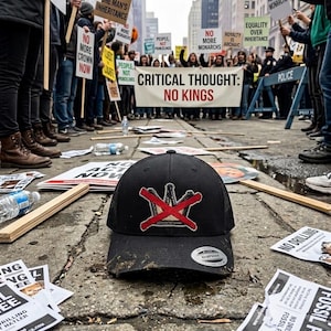 Puede incluir: Gorra de camionero negra con un logotipo de corona tachada en rojo, apoyada en una calle de la ciudad. La imagen muestra una protesta con carteles que abogan por la abolición de la monarquía y el pensamiento crítico.