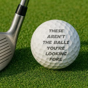 May include: A white golf ball with the text "THESE AREN'T THE BALLS YOU'RE LOOKING FORE" printed on it. A silver golf club is in the background. The ball is on a green grassy surface.