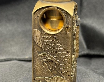 Custom Engraved Brass Trench Lighter – Koi & Lotus Design, Functional EDC Art Lighter, Japanese Wave Engraving,  Unique Gift for Men