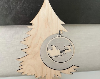 May include: A wooden Christmas tree ornament with a cutout of Santa Claus in a sleigh pulled by reindeer. The ornament is attached to a wooden base with the words "Frohe Weihnachten" inscribed on it.
