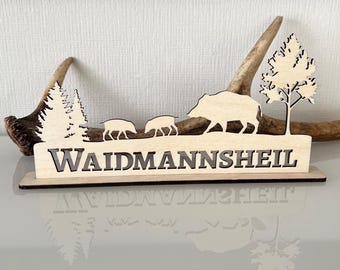 May include: Wooden sign with the text "WAIDMANNSHEIL" and a silhouette of a wild boar and two piglets walking through a forest with trees.