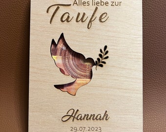 Zur Taufe personalisiert, Einzigartige handgefertigte Geldgeschenkkarte aus Holz, Glückwunschkarte