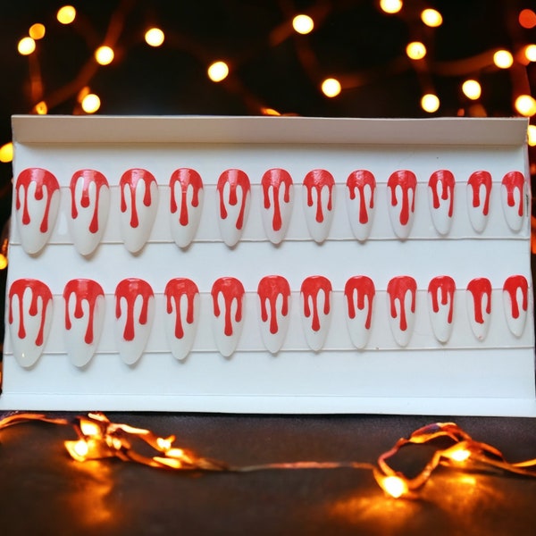 Blood Drip Halloween Nails/Medium Almond Nails/Press-On Nails/Full Set/Almond Nails/Halloween Nails/Fake Nails/Handmade Nails