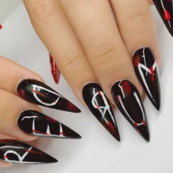 RedRum Nails/Medium Stiletto Nails/Press-On Nails/Full Set/Halloween Nails/Bloody Nails/Stiletto Nails/Red Rum/Murder/Fake Nails