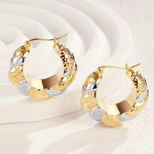 18K Solid Gold AU750 Croissant Hoop Earrings | Vintage Hammered Two-Tone Gold & Silver Statement Hoops | Chunky Bold Retro Earrings