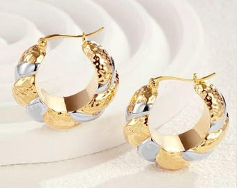 18K Solid Gold Croissant Hoop Earrings, Two-Tone Hammered Statement Hoops, Lightweight Gift