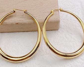 18k Solid Gold Oval Shape Hoop Earrings Hollow Tube, Everyday Lightweight Hoops, Gift