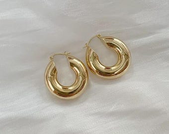 18k Solid Gold Chunky Hoop Earrings, Lightweight Everyday Jewelry, Gift