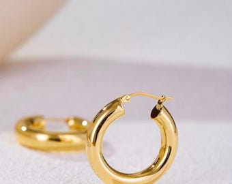18k Solid Gold Chunky Tube Hoop Earrings, Lightweight Statement Jewelry, Everyday Earrings, Gift