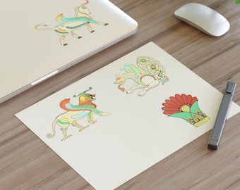 May include: Four colorful illustrations of mythical creatures on a white background. The creatures are a lion, a griffin, a winged horse, and a stylized flower.