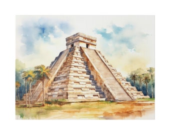 Bellas Artes Pared Colgante MAYA DÉCOR Pintura de Arte Mexicano TEMPLO Maya Acuarela Chichén Itzá Arte de la pared Minimalista Moderno Skyline Arte Decoración del hogar