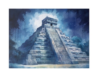 Bellas Artes Pared Colgante MAYA DÉCOR Pintura de Arte Mexicano TEMPLO Maya Acuarela Chichén Itzá Arte de la pared Minimalista Moderno Skyline Arte Decoración del hogar