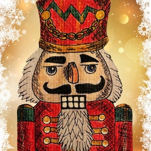 May include: A hand-drawn illustration of a nutcracker soldier. The nutcracker is wearing a red and green uniform with gold accents. The nutcracker has a white beard and mustache, and a serious expression on its face.