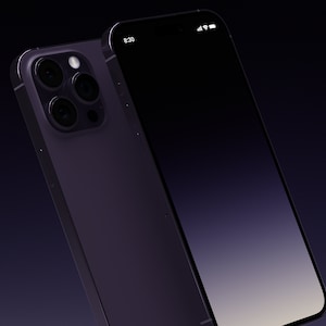 May include: A dark purple smartphone with a black screen and a triple camera system on the back. The phone is angled slightly to the right.