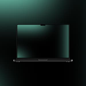 Puede incluir: Un ordenador portátil negro con una pantalla verde oscura. El portátil está sobre un fondo verde oscuro.