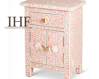 Handmade Bone Inlay Wooden Modern Floral Pattern Bedside/Sidetable/Nightstand with 1 Drawer 2 Door Furniture