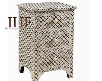 Handmade Bone Inlay Wooden Modern Pattern Bedside Sidetable Nightstand with 3 Drawer Bedroom Living room  Home decor Furniture