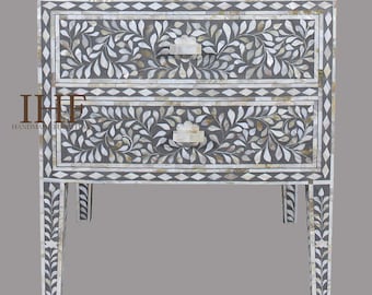 Handmade Mop Inlay Wooden Modern Floral Pattern Bedside/Sidetable/Nightstand with 2 Drawer Furniture