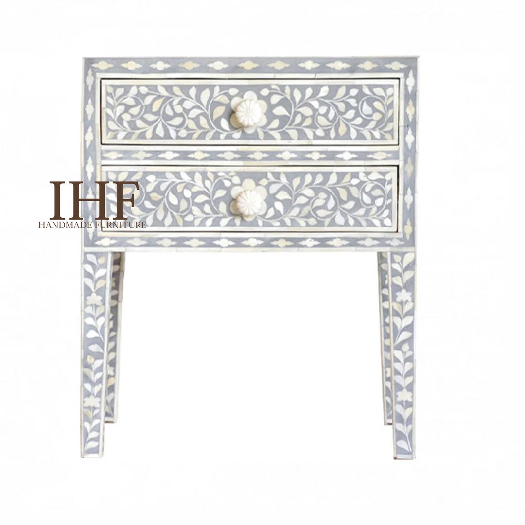 Handmade Bone Inlay Wooden Modern Flower Pattern Bedside Sidetable