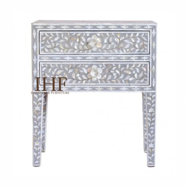 Handmade Mop Inlay Wooden Modern Floral Pattern Bedside/Sidetable/Nightstand with 2 Drawer Furniture