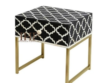 Handmade Bone  Inlay Wooden Modern Flower Pattern End table / Sidetable Indian Furniture