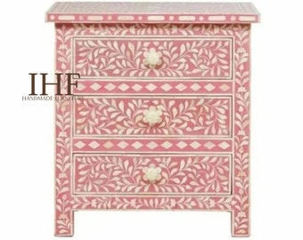 Handmade Bone Inlay Wooden Modern Flower Pattern Bedside Sidetable Nightstand with 3 Drawer Bedroom Living room  Home decor Furniture