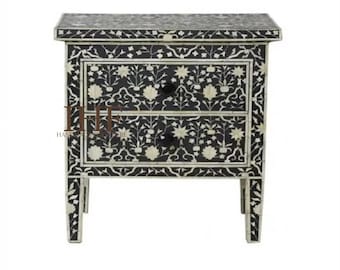 Handmade Bone Inlay Wooden Modern Floral Pattern Bedside Sidetable Nightstand with 2 Drawer Bedroom Living room  Home decor Furniture