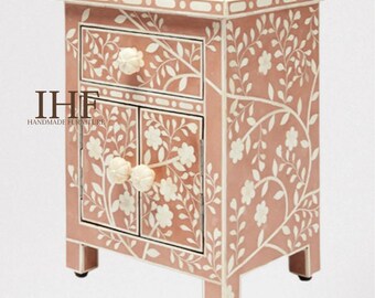 Handmade Bone Inlay Wooden Modern Floral Pattern Bedside/Sidetable/Nightstand with 1 Drawer 2 Door Furniture