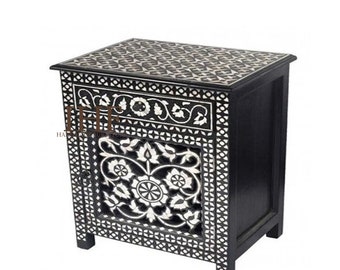 Handmade Bone Inlay Wooden Modern Floral Pattern Bedside Sidetable Nightstand with 1 Drawer 2 Door Bedroom Living room  Home decor Furniture