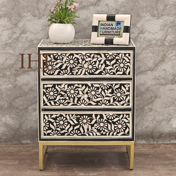 Handmade Bone Inlay Wooden Modern Floral Pattern Bedside Sidetable Nightstand with 3 Drawer Bedroom Living room  Home decor Furniture