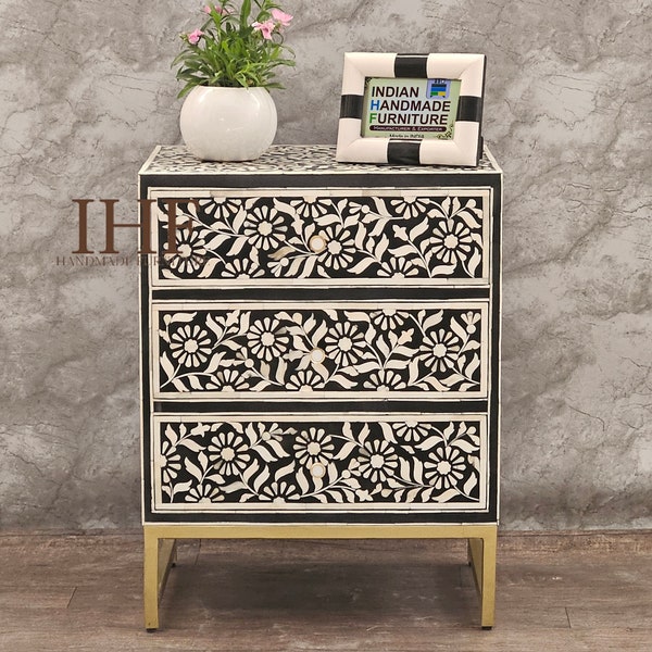 Handmade Wooden Bone Inlay Nightstand Etsy