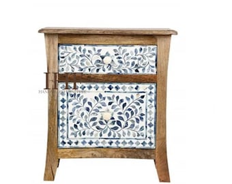 Handmade Bone Inlay Wooden Modern Pattern Bedside/Sidetable/Nightstand with 2 Drawer Furniture