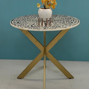 Handmade Black Bone Inlay Wooden Modern Flower Pattern Round  Dining Table Furniture