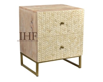 Handgefertigter Nachttisch/Beistelltisch/Nachttisch mit Knocheneinlage aus Holz mit modernem Muster und Möbel mit 2 Schubladen