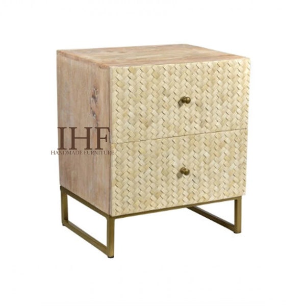 Handmade Bone Inlay Wooden Modern Pattern Bedside/Sidetable/Nightstand with 2 Drawer Furniture