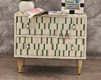 Bone inlay Nightstand, Bone inlay Bedside Table,Bone inlay Side Table/Nightstand with 2 Drawer Furniture