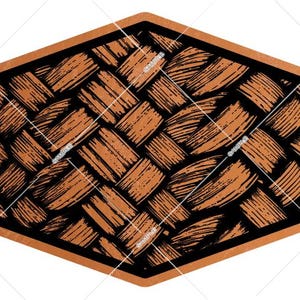 Pode incluir: Um design hexagonal castanho e preto com uma textura tecida. O design apresenta linhas que se cruzam, criando um padrão de tecido de cesta. A borda é de cor castanho escuro.