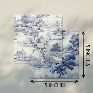 May include: Two 15-inch square blue and white patterned tiles featuring a landscape design with trees, a bridge, and a small house.