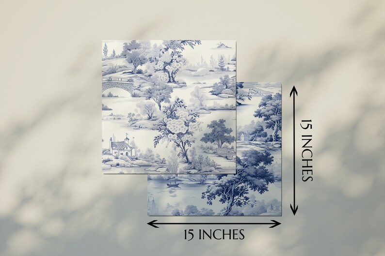 May include: Two 15-inch square blue and white patterned tiles featuring a landscape design with trees, a bridge, and a small house.