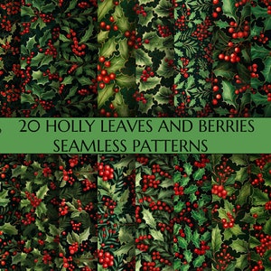 Christmas Holly Leaves And Berries Seamless Patterns | 20 Christmas Themed Seamless Texture | Digital Prints | Printable Papers | Wall Decor