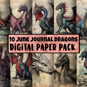 Carta digitale del diario spazzatura del drago vintage / 20 carte scrapbooking vintage / drago colorato / diario spazzatura / decoupage / vecchia trama della carta