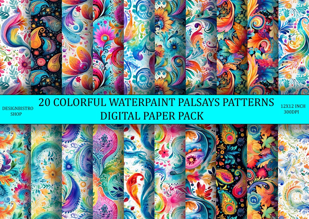 Waterpaint Palseys Digital Paper Pack 20 Colorful Palseys Papers Printables Colorful Palseys