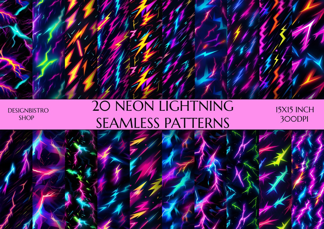 Neon Lighting Seamless Patterns | 20 Glowing Lightning Bolts Seamless ...