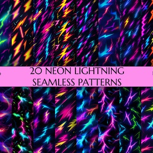 May include: 20 neon lightning seamless patterns in various colours, including blue, green, pink, and yellow. Each pattern is 15x15 inches and 300 DPI.