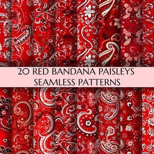 Peut inclure: 20 motifs de bandana paisley rouge sans couture, 15x5 pouces, 300 dpi. Ces motifs numériques présentent un motif paisley classique en rouge, blanc et noir.
