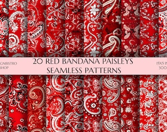 Red Bandana Paisley Seamless Patterns | 20 PNGs (Digital Download)
