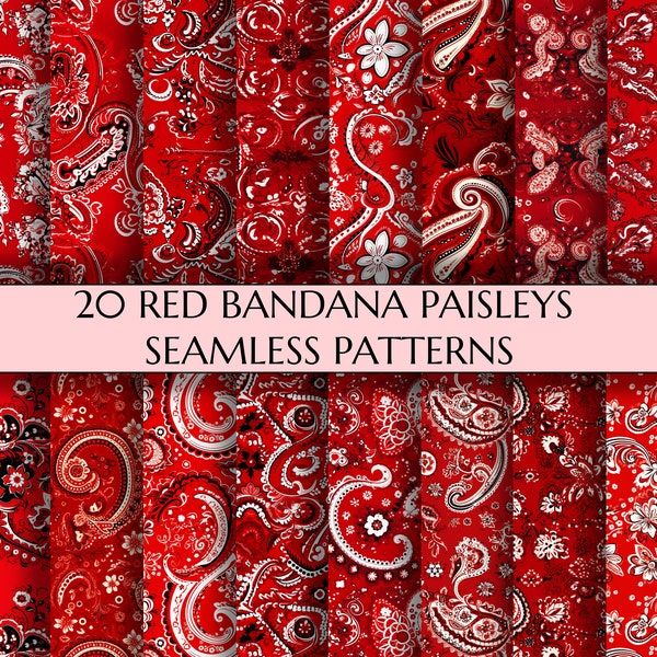 Modèles sans couture de bandanas rouges | 20 textures sans couture à motif cachemire | Papier numérique | Bandana rouge | Tissu | Mode | Imprimables | 300 DPI